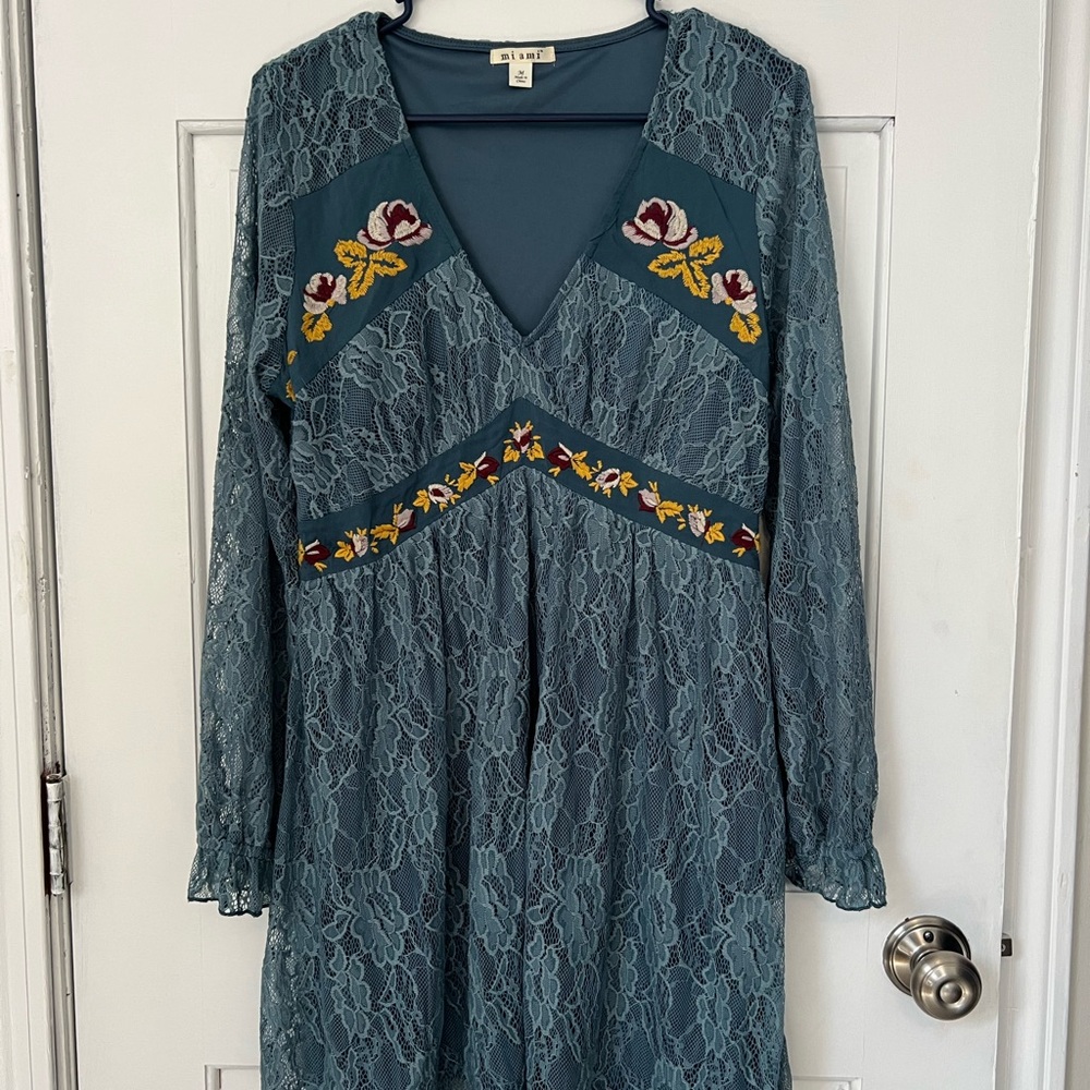 Blue Lace Boho Dress with Floral Embroidery